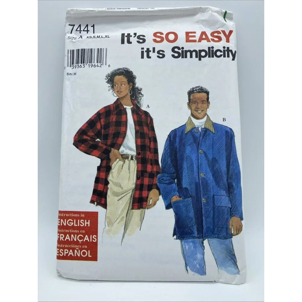 Simplicity 7441 Uncut Sewing Pattern Misses’, Men’s Teens’ Jacket or Coat XS-XL